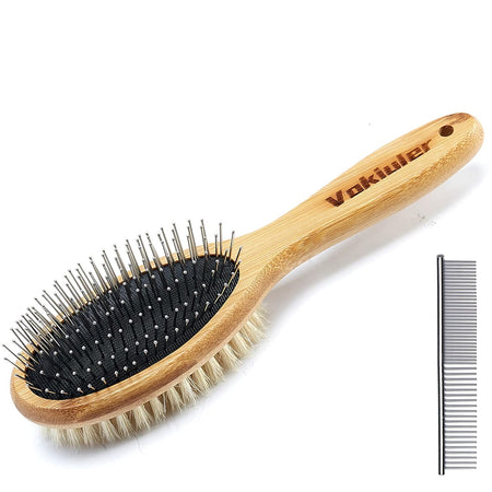 Dog Brush Cat Brush, Double Sided Bristle and Pin Pet Brush for Dog Grooming, Real Boar Bristle Shedding Brush with Bamboo Handle for Long Short Hair, 2 Pack Dog Comb, White