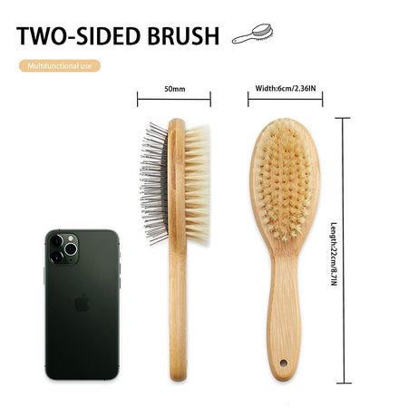 Dog Brush Cat Brush, Double Sided Bristle and Pin Pet Brush for Dog Grooming, Real Boar Bristle Shedding Brush with Bamboo Handle for Long Short Hair, 2 Pack Dog Comb, White