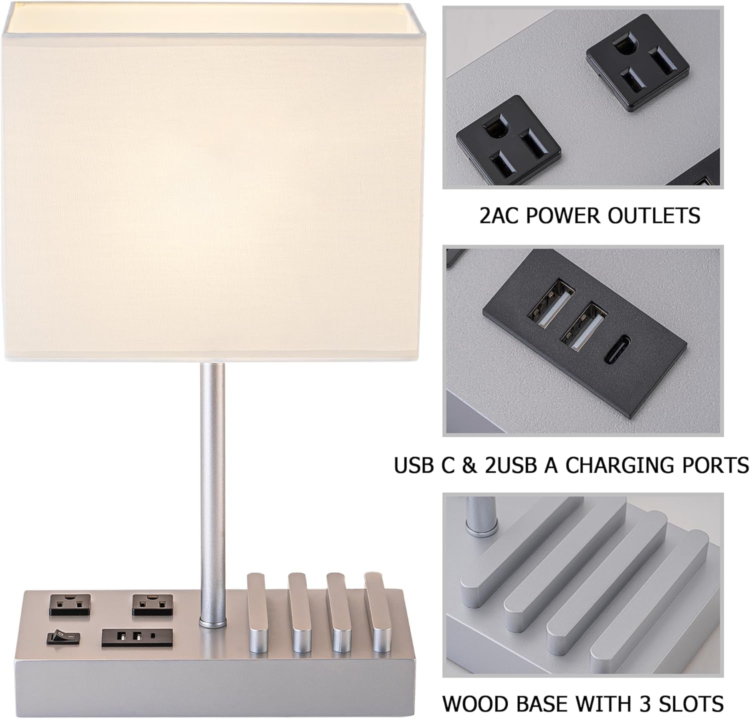 Desk Lamp with 3 USB Charging Ports, Table Lamp with 2AC Outlets and 3 Phone Stands, Nightstand Bedside Lamp with Natural Wooden Base and Cream Linen Shade