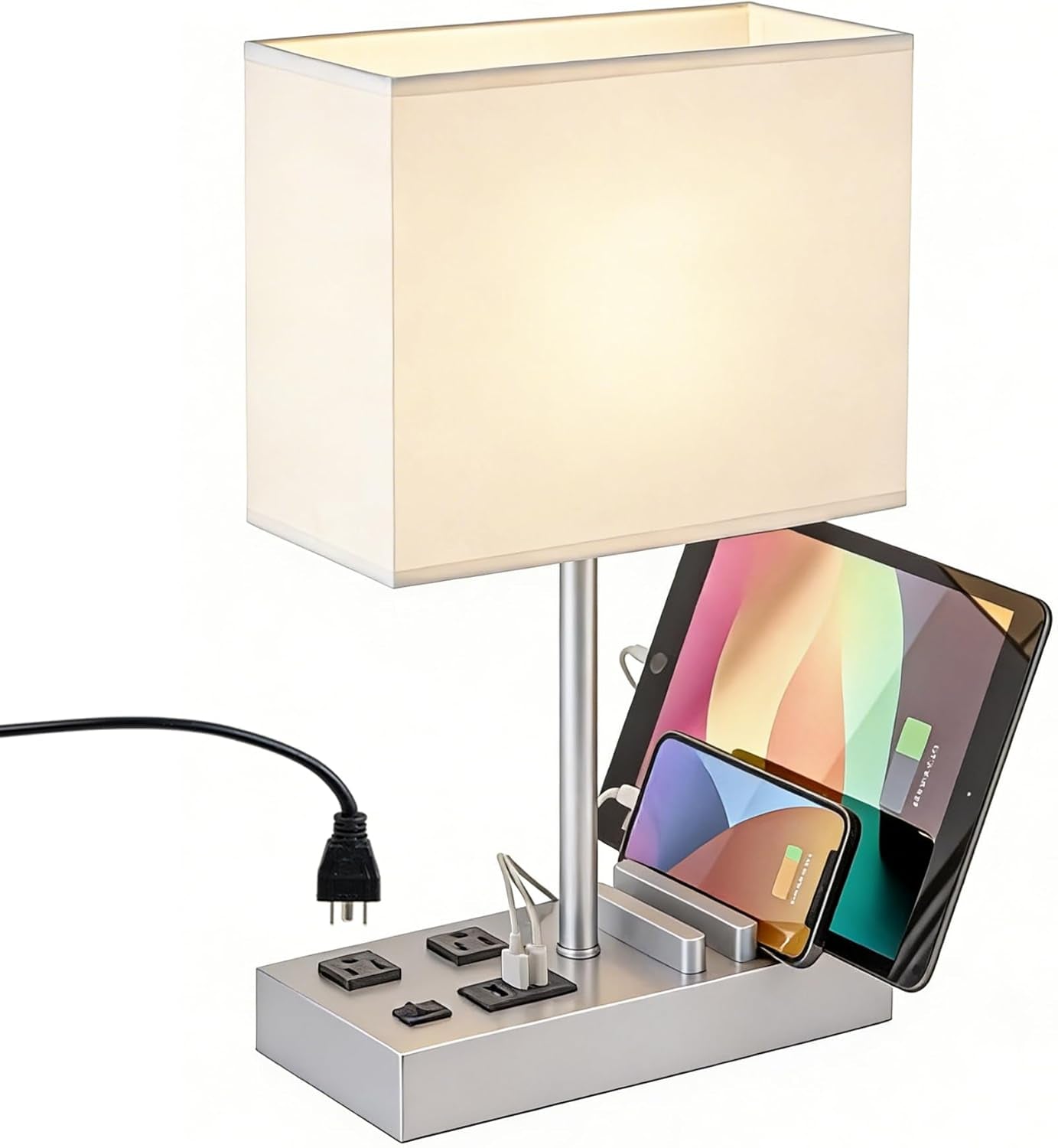 Desk Lamp with 3 USB Charging Ports, Table Lamp with 2AC Outlets and 3 Phone Stands, Nightstand Bedside Lamp with Natural Wooden Base and Cream Linen Shade
