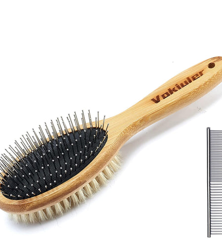 Dog Brush Cat Brush,  Double Sided Bristle and Pin Pet Brush for Dog Grooming, Real Boar Bristle Shedding Brush with Bamboo Handle for Long Short Hair, 2 Pack Dog Comb, White