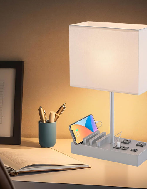Load image into Gallery viewer, Desk Lamp with 3 USB Charging Ports, Table Lamp with 2AC Outlets and 3 Phone Stands, Nightstand Bedside Lamp with Natural Wooden Base and Cream Linen Shade
