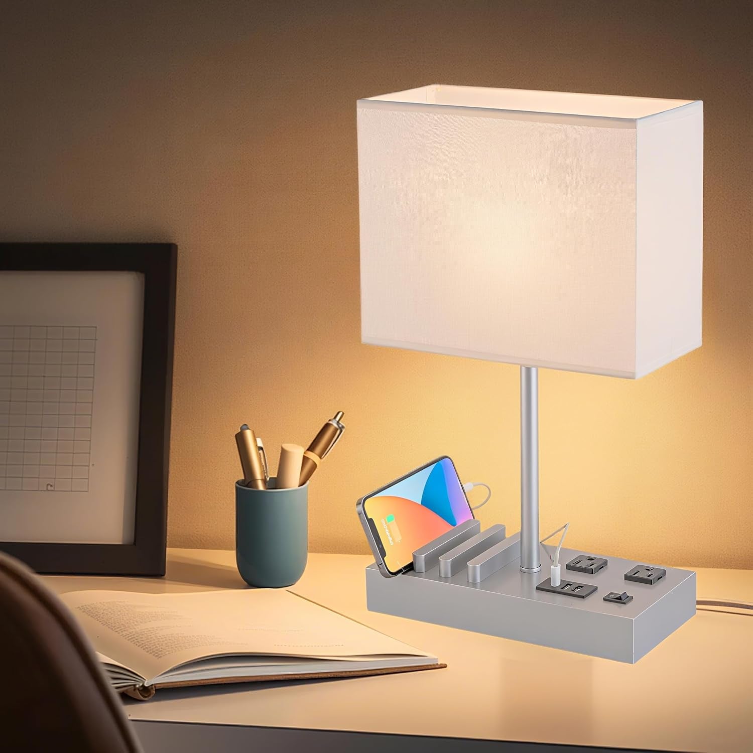 Desk Lamp with 3 USB Charging Ports, Table Lamp with 2AC Outlets and 3 Phone Stands, Nightstand Bedside Lamp with Natural Wooden Base and Cream Linen Shade