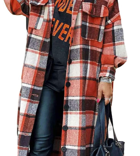 Women'S Lounge Lapel Button up Long Sleeve Plaid Long Shirt Jacket Shacket