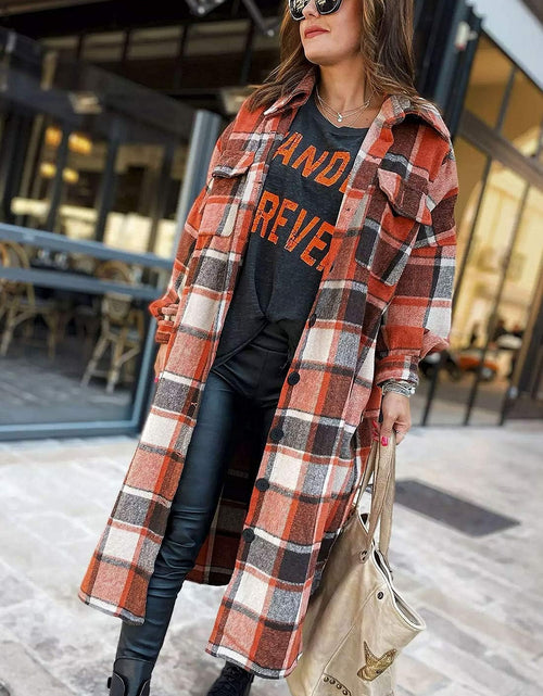 Load image into Gallery viewer, Women'S Lounge Lapel Button up Long Sleeve Plaid Long Shirt Jacket Shacket
