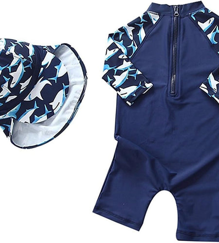 Baby Boys Kids Swimsuit One Piece Toddlers Zipper Bathing Suit Swimwear with Hat