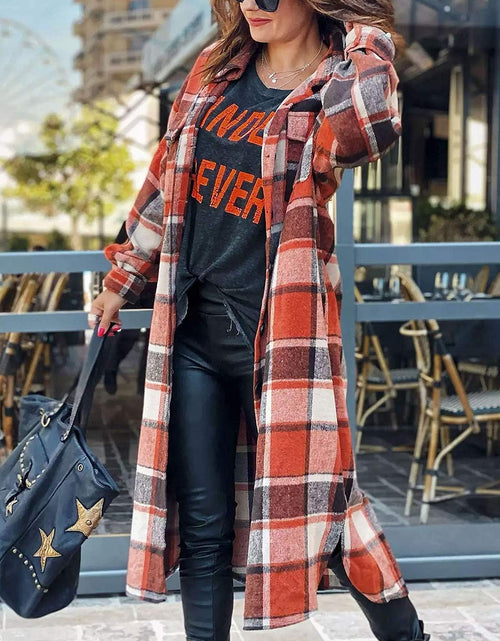 Load image into Gallery viewer, Women'S Lounge Lapel Button up Long Sleeve Plaid Long Shirt Jacket Shacket
