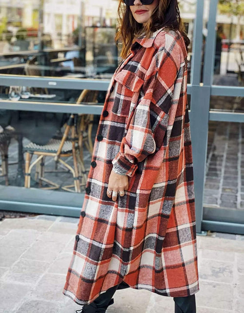 Load image into Gallery viewer, Women'S Lounge Lapel Button up Long Sleeve Plaid Long Shirt Jacket Shacket
