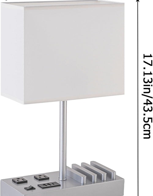 Load image into Gallery viewer, Desk Lamp with 3 USB Charging Ports, Table Lamp with 2AC Outlets and 3 Phone Stands, Nightstand Bedside Lamp with Natural Wooden Base and Cream Linen Shade
